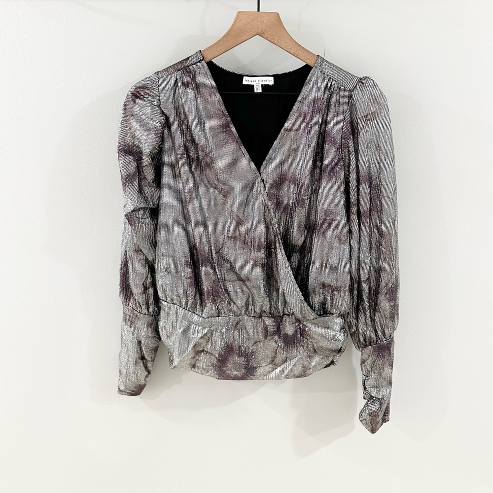 Maison d’Amelie Long Sleeve Metallic Floral Blouse Silver Size Small